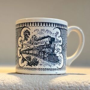 Currier & Ives Blue “Train Scene” Mug Royal USA 1959  Vintage Coffee Cup
